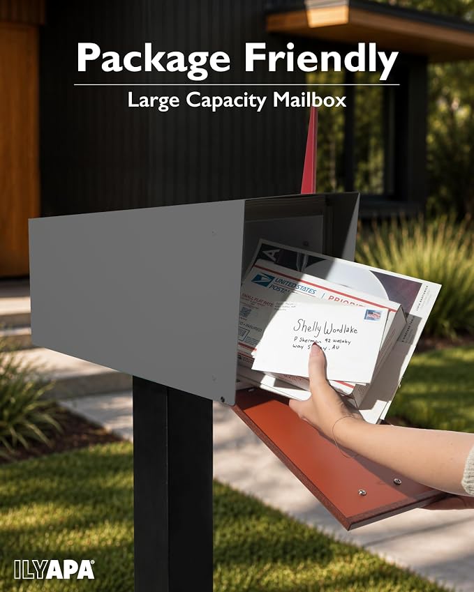 Ilyapa Modern Mailbox with Angle Design Post Mount - Metal Mailbox for Outside - Gray Exterior Mail Box - Powder Coated Steel - All Weather Resistant