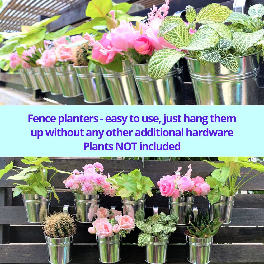 LaLaGreen Fence Planters for Outdoor Plants (10 Pack, 6 Inch) Railing Planter Metal Herb Garden Pots Outdoor, Hanging Silver Flower Buckets for Outside Wall Deck Patio Balcony Rail Farmhouse Rustic