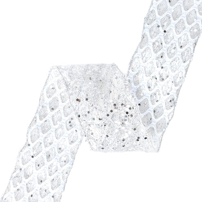 VATIN 2-1/2" Silver Christmas Ribbon, Silver Glitter Mesh Diamond Web Sequin Dots Wired Christmas Ribbon for Gift Wrapping Bow Making Wreath Supply-10 Yards