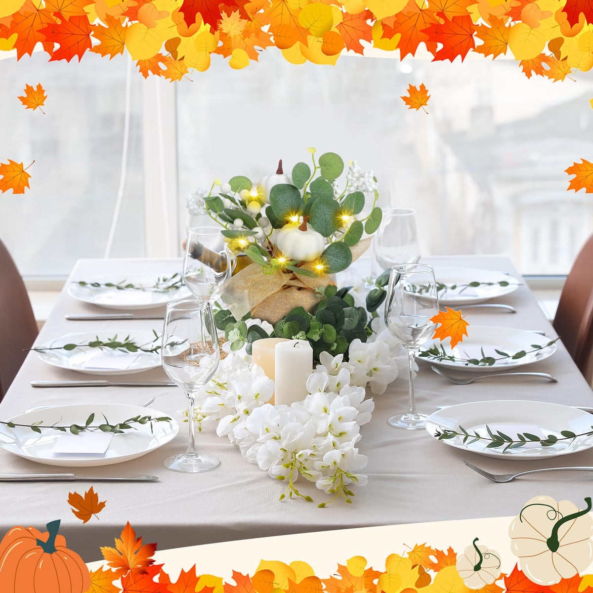 Janinka 2 Set 11 Inch Fall Decorations for Home White Pumpkins Eucalyptus Tables Centerpieces Artificial Pine Cones Berry Stem Picks Decor with 20 LED Lights for Autumn Thanksgiving Decorations