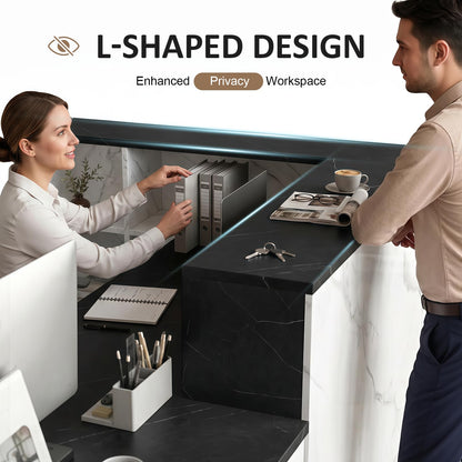 YTElantivo L-Shaped Reception Desk with Counter, 1-Inch Thick Board, Lockable Drawers & Keyboard Tray, Heavy-Duty Front Desk for Office, Salon, Hotel & Clinic