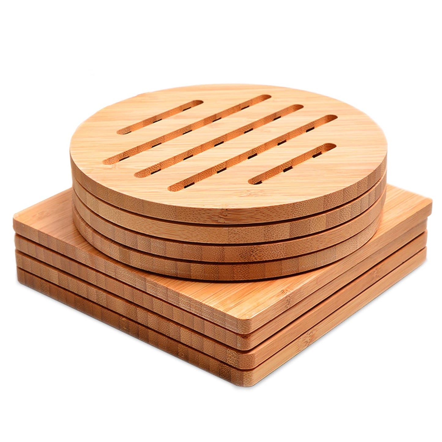 Bamboo Trivet,Hot Pads Trivet Natural Mat Set for Hot Dishes/Bowl/Teapot/Hot Pot Holders 4 Square 4 Roundness