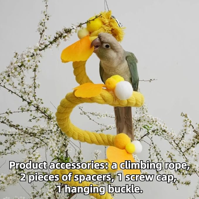 Bird Toys, Rope Perch for Parrots, 39.3 Inches Long, Brightly Colored Handmade Chew Toy, Spiral Design Bird Cage Climbing Rope for Lovebird Conure Quaker Budgie Cockatiel (Yellow)
