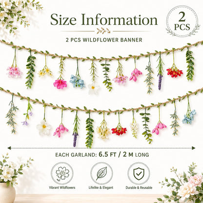 2 PCS 6.5ft Artificial Flower Banner Wildflower Garland Hanging Flowers for Garden Birthday Wedding Tea Party Bridal Shower Home Spring Supplies(Hemp Rope)