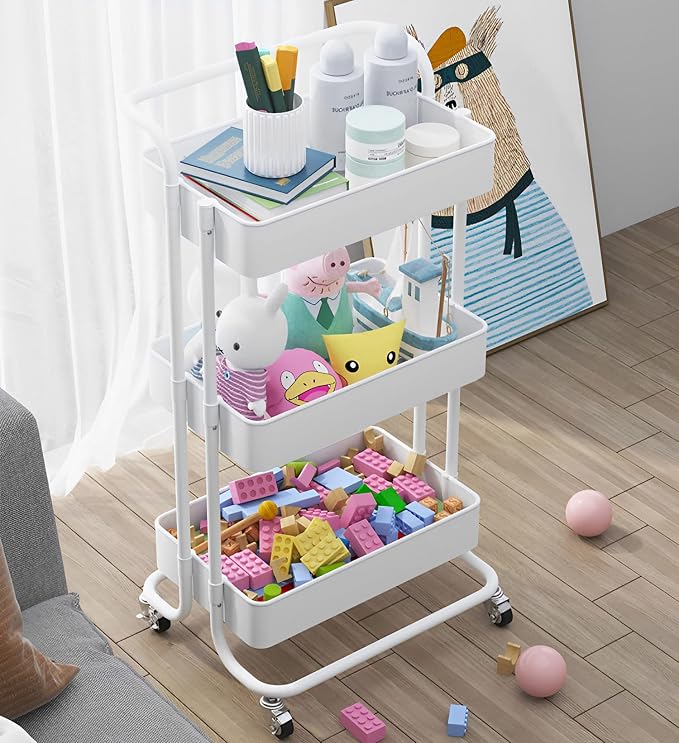 Sooyee 3 Tier Utility Cart,Rolling Cart with Handle and Lockable Wheels, Multi-Functional Storage Cart for Office, School,Living Room, Kitchen, Bathroom, Bedroom,Laundry, White