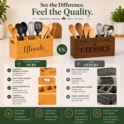 Bamboo Kitchen Utensil Holder for Countertop – Large 3-Compartment Cooking Utensil Organizer & Caddy with Drain Holes, Farmhouse Bamboo Holder for Kitchen Counter, Wood Storage for Spatulas & Spoons