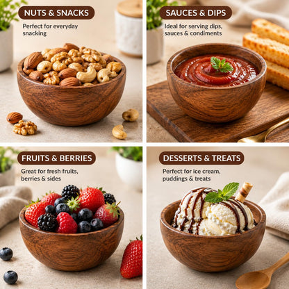 RIANGI Wooden Bowls Set Of 6 Small Acacia Wood Bowl Dessert And Snack Cups 4.2 X 2 Inch 8 Oz Capacity Rustic Mini Wooden Bowl For Dips Condiments Ice Cream Nuts