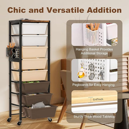 Rolling Cart with Drawers, Rolling Storage Cart with Large Plastic Drawers & Wooden Tabletop, Utility Cart with Pegboards & Basket, Storage Drawers Cart for Living Room, Classroom, Bedroom, Office