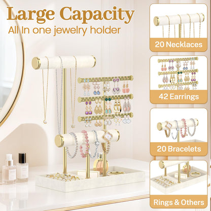 MODOWEY Necklace Holder Earring Stand Organizer, Wooden Velvet Bracelet Tree Rack with Ring Tray for Vendor Women Display Selling, Countertop T Bar Jewelry Tower Keep Everything Visible & Within Reach