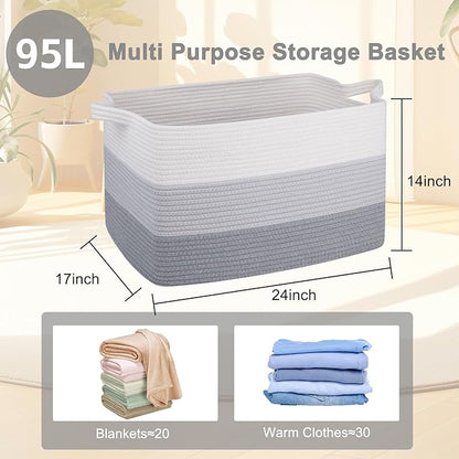 OIAHOMY Extra Large Blanket Basket, 95L Cotton Rope Woven Laundry Basket