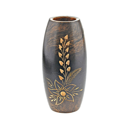 AeraVida Hand-Carved Mango Tree Wood Flower Vase Dark Brown Oval Tabletop Decorative Vase 6 Inch Small Rustic Home Decor for Living Room Dried Floral Display