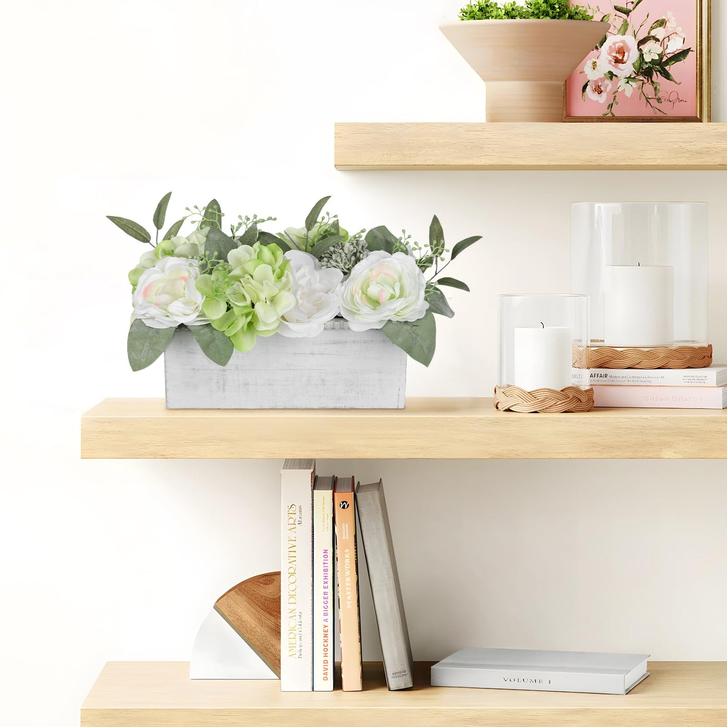DILATATA Flower Arrangement with Wooden Vase 10" Artificial Flowers in Pot - Fake Flowers in White Rectangular Wooden Vase Potted Faux Flower Centerpieces for Table Decor Living Room - White