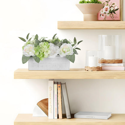 DILATATA Flower Arrangement with Wooden Vase 10" Artificial Flowers in Pot - Fake Flowers in White Rectangular Wooden Vase Potted Faux Flower Centerpieces for Table Decor Living Room - White