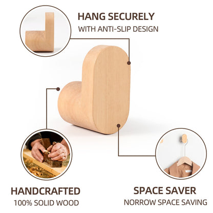 LIVESO Wood Wall Hooks, Modern Minimalist Wood Hooks Wall Mounted, Natural Wooden Wall Coat Hook Rack, Wooden pegs for Hanging Hat, Towel, Robe, Bag (Pack of 4pcs)