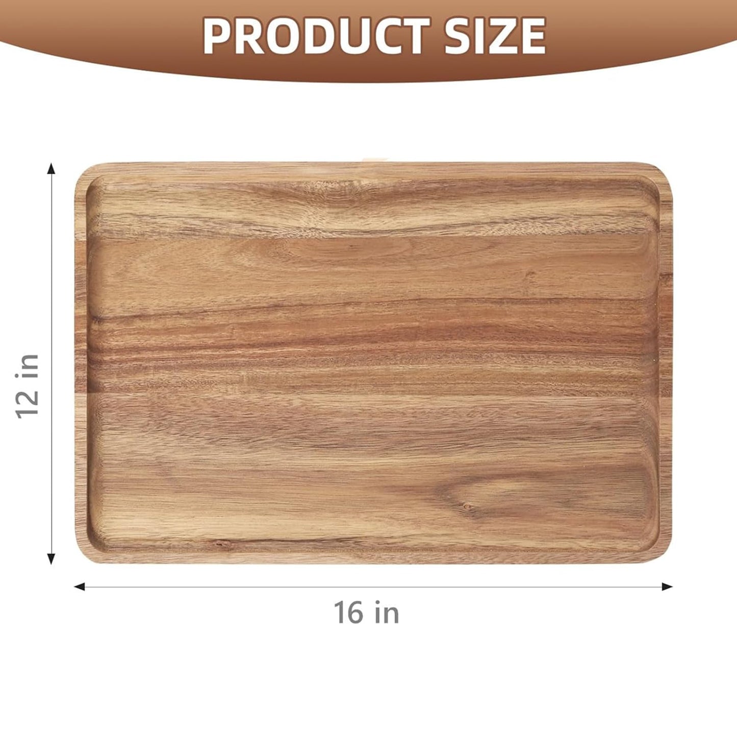 2 PCS 16 x 12 in Large Solid Acacia Wood Serving Trays Rectangular Wooden Serving Platters Natural Wooden Boards for Bar Coffee Party（Wood Log Color）