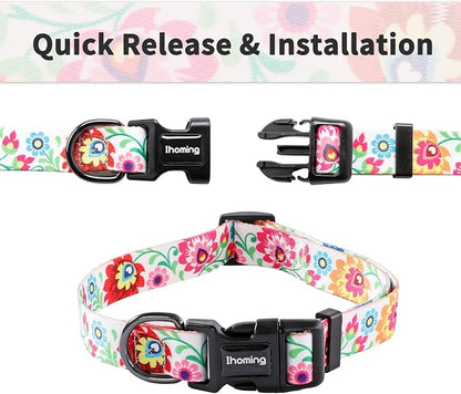Ihoming Dog Collar and Leash Set for Daily Outdoor Walking Running Training, White Colorful Flowers Design for Small Boys Girls Dogs Cats Pets, S-Up to 20LBS