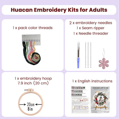 Huacan Embroidery Kits for Adults Beginner DIY Cross Stitch Stamped Christmas Pattern Stitching Wreath Sewing Kit 1 Piece 7.8 x 7.8 Inch