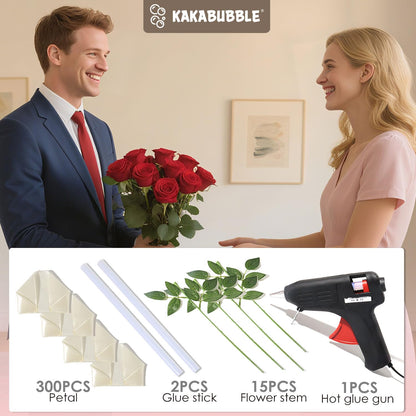 KAKABUBBLE 300PCS DIY Rose Petal Kit with Glue Gun, Sticks & Leafy Stems | Half-Finished Satin Ribbon Flower Craft Set | for Wedding, Anniversary, Birthday Bouquets (Cream White)