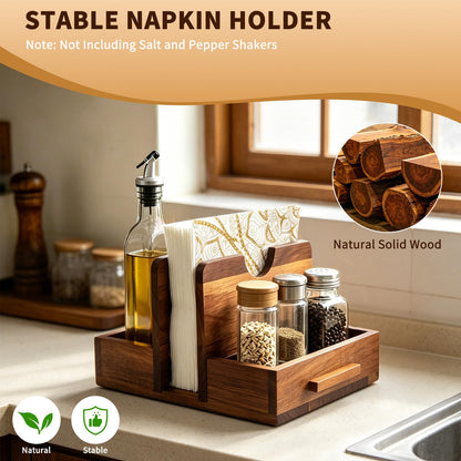 GinSent Napkin Holder for Table, Wooden Napkins Holder with Salt and Pepper Shakers Caddy, Standing Paper Napkin Storage for Kitchen Countertop Dining Table Decor(Acacia Wood)