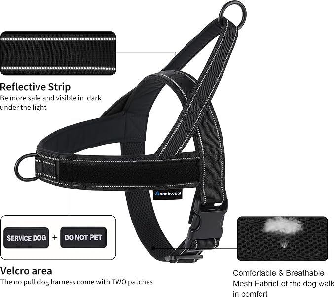 Annchwool No Pull Dog Harness,Heavy Duty Reflective Collar & Leash Set-Leash with Double Handle & Car Seatbelt Clip-Easy Control for Walking Training Medium Large Size Dogs(Black,M)