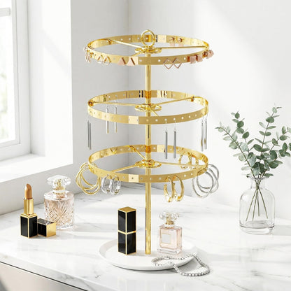 Gghenda 3-Tier Metal Earring Organizer Stand, 360° Rotation, 126 Holes, T-Shape Display Rack (Gold)