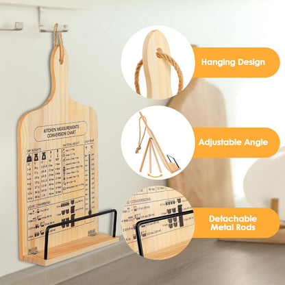 comfoyar Cookbook Stand for Kitchen Counter, Sturdy Recipe Book Holder with Adjustable Angle, Foldable Wood Cook Book Stand Holder with Measurement Conversion Chart, Easy Storage