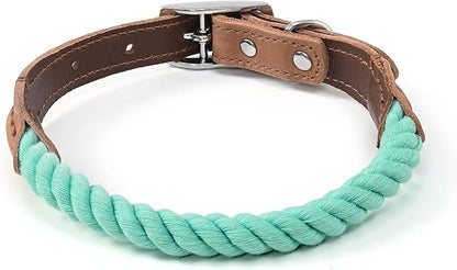 Mile High Life Genuine Leather Dog Collar, Durable Braided Cotton Rope Collar with Metal Pin Buckle for Small Medium Large Dogs (Green, S Neck 11"-15")