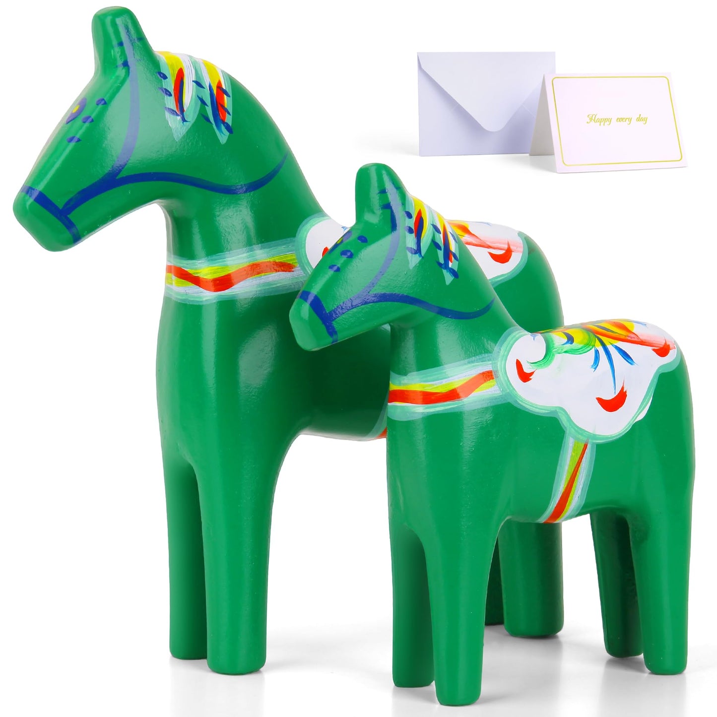 GUMQDD Set of 2 Hand Painted Swedish Wooden Dala Horse Figurines 9.4"/6.3", Dala Horse Gifts, Suitable for Family Living Room & Home Decoration (Green)