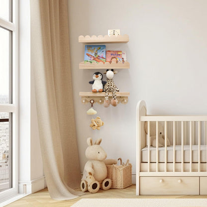 icnjdMopclean Nursery Shelves for Wall with Hooks-Scalloped Wall Book Shelves for Bedroom Kids Set of 3, Nursery Furniture Must Have, 16 Inch, Natural