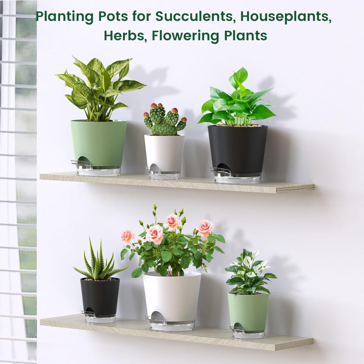 Meowell 6 inch Self Watering Pots for Indoor Outdoor Plants, 6 Pack Flower Plant Pots with Drainage Holes and Clear Reservoirs, Visible Water Level, Plastic Planters with Wicking Rope, Black