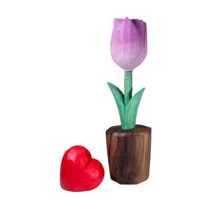 Hand Carved Wooden Tulip Flower with Red Heart Figurine in Gift Box - Everlasting Wood Sculpture for 5th, Valentine’s Day - Painted Faceted Floral Art (Lavender Purple)