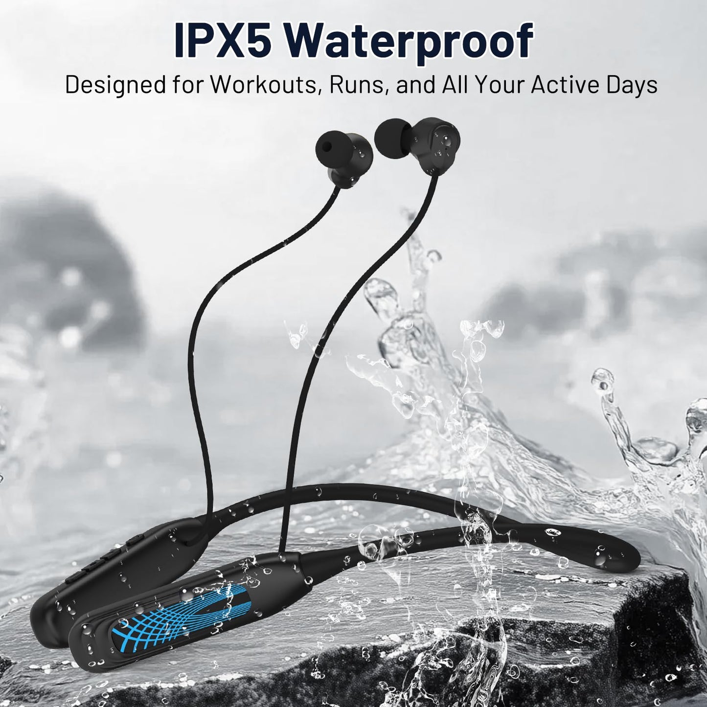 Podity Neckband Bluetooth Headphones, 1000H Extra Battery Life with Display Magnetic Earphones,Wireless Stereo Earbuds with Microphone, Waterproof in-Ear Headset for Sports/Workout/Office (Black)