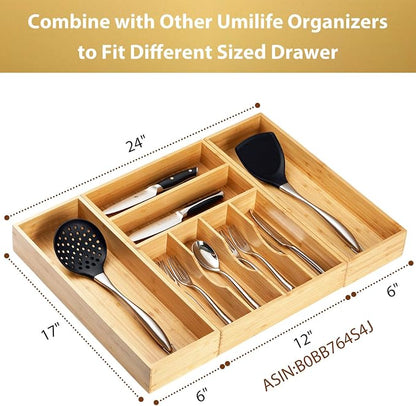 Umilife Bamboo Kitchen Utensils Organizer, Extra Long High Silverware Drawer Holder, Flatware Cutlery Storage Box, Multi-Use Drawer Divider in Office, Bathroom, Pantry - 17"x6"x2.5" (Set of 2)