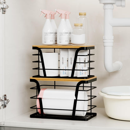 TIDIIABODE 2 Pack Stackable Storage Laundry Kitchen Organizers, Wall Mount Trash Bag Holder with Bamboo Top and Garbage Bag Dispenser No Drill