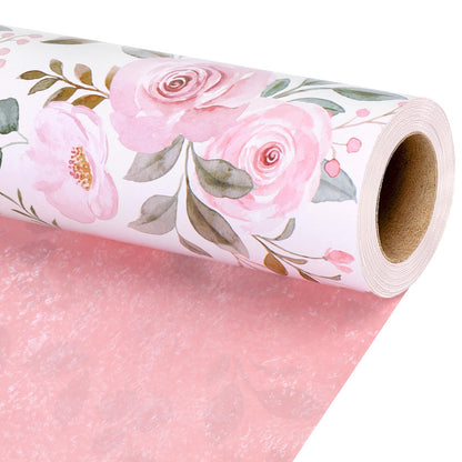 BIOBROWN Reversible Floral Wrapping Paper Roll - 17 Inches X 33 Feet (47 sq. ft. ttl.) Pink Watercolor Roses Design Flower Gift Wrap for Mother's Day, Wedding, Bridal Shower, Valentine's Day
