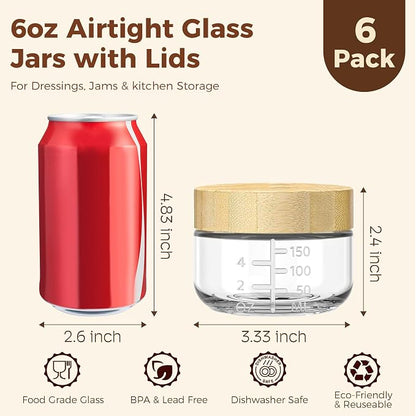 6oz Glass Jars with Airtight Lids - 6 Pack Overnight Oats Containers with Bamboo Lids, Small Food Containers with Measurement for Yogurt, Salad, Chia, Wide Mouth Mason Jar with Lid for Food Storage