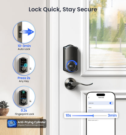 Veise VE017-L Fingerprint Smart Lock with Lever Handles, App Control, Keyless Entry Front Door Lock Set, Electronic Digital Keypad Deadbolt, Remote Grant, Emergency Power Port, Auto Lock, Matte Black