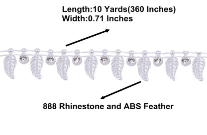 KAOYOO 10 Yards Rhinestone Beaded Chain Trim with Ivory Feather for Wedding Decoration,DIY,Craft, Sewing on Clothing