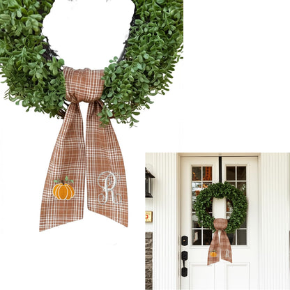 Autumn Door Wreath Sash Embroidered with White Letters and Pumpkins On A Plaid Wreath Sash Ideal for Housewarming Gifts, Autumn Thanksgiving, Halloween, and Christmas Porch Decorations -R