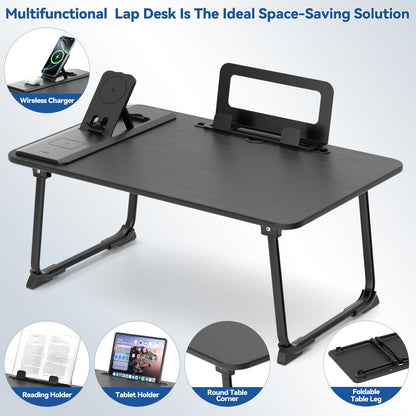 KONDOUND Foldable Laptop Desk for Bed with Wireless Charger - Large Lap Computer Tray Table with Tablet Slot and Book Shelf Read Table for Couch Chair Floor for Writing, Studying Eating, and WFH