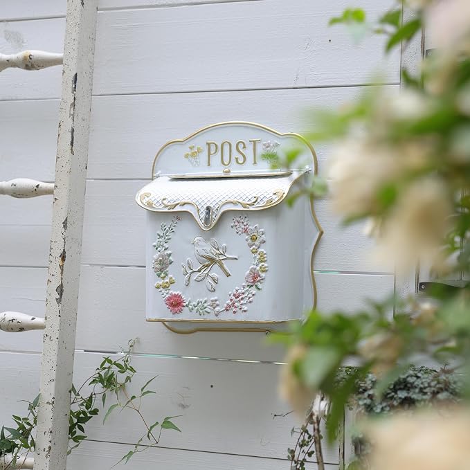 Mailbox Wall Mount Mailboxes for Outside Vintage Mail Boxes for House Outside Metal Drop Box Antique Style Nostalgic Charm Home Decorative, Bird Pattern, White