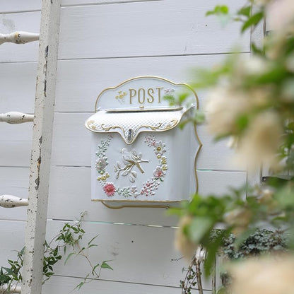 Mailbox Wall Mount Mailboxes for Outside Vintage Mail Boxes for House Outside Metal Drop Box Antique Style Nostalgic Charm Home Decorative, Bird Pattern, White