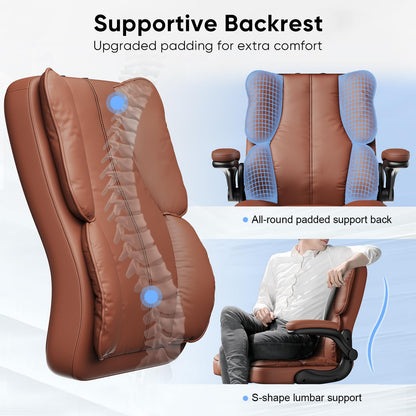 Kensaker Ergonomic Executive Office Chair with Adjustable Headrest & 90° Flip-Up Arms, High Back PU Leather Computer Desk Chair with 135° Rocking & Double Padding for Home Office Comfort, Brown