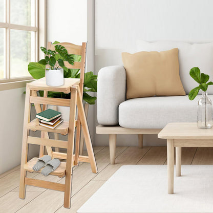 CDDUOLA Folding Bar Stool, 3 Step Multifunction Portable Adults Solid Wood Ladder Stool for Household Kitchen, Bathroom Storage Shelf, Wood Color