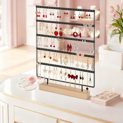 shidaishiye Earring Holder Organizer, 5-Tier Earring Organizer with 60-Pair Capacity, Wooden Base Metal Earring Display, Jewelry Storage & Display for Home Store, Suitable for Women
