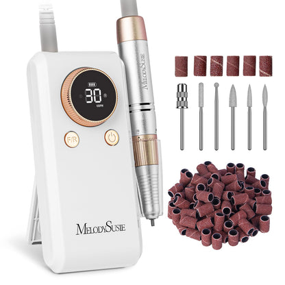 MelodySusie 2 in 1 Professional Nail Drill, 30000 RPM SC330G Electric Nail File with Kickstand for Gel Nails Polishing Removing, Portable Cordless Nail Efile for Manicure Pedicure at Home & Salon,Gold