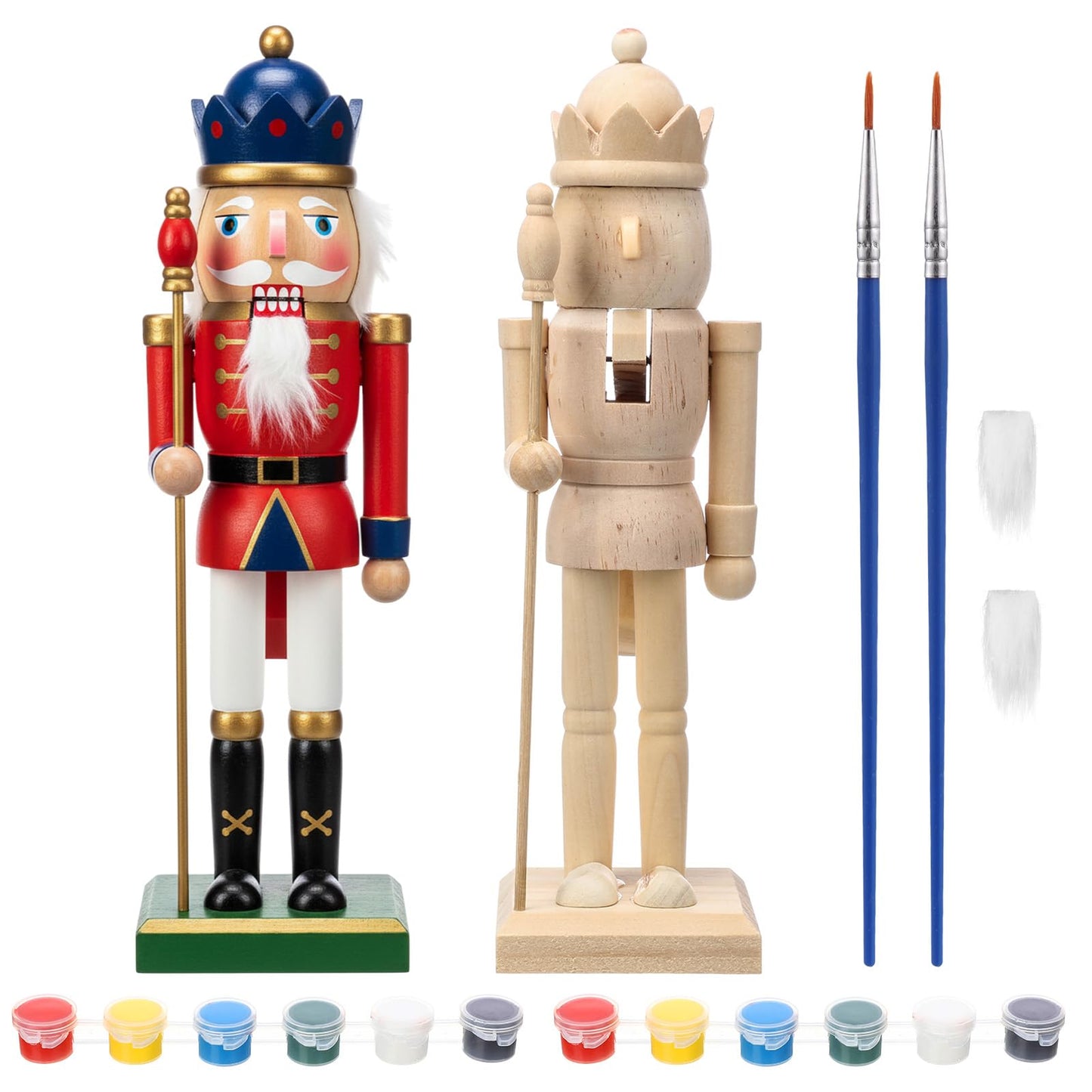 Hiboom 2 Set Christmas Unfinished Nutcrackers Wooden 9.84" Unpainted Nutcracker Figurines Ornament with Pigment, Paintbrush and White Beard, King Shape Figurines Blank for DIY Craft Xmas Decoration
