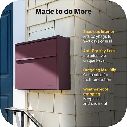 Adoorn Lockable Wall Mount Mailboxes for Outside - Small Anti-Theft Locking Mailbox for Letters - Weatherproof Construction - Durable Steel - 13.5" H x 15" L x 5.5" D - Malbec