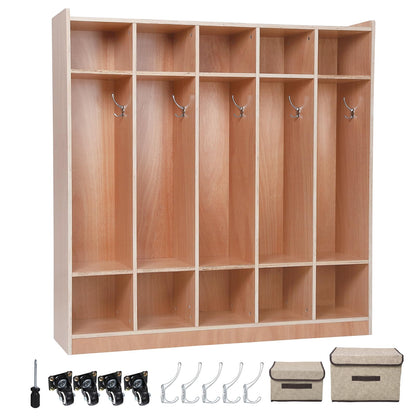 5-Section School Coat Locker, Glazed Classroom Cubbies with 4 Hidden Wheels and 2 Storage Boxes, Daycare Storage Cabinet for Home, School, Kindergarten, 5 Large Cubbies with Hooks & 10 Small Cubbies