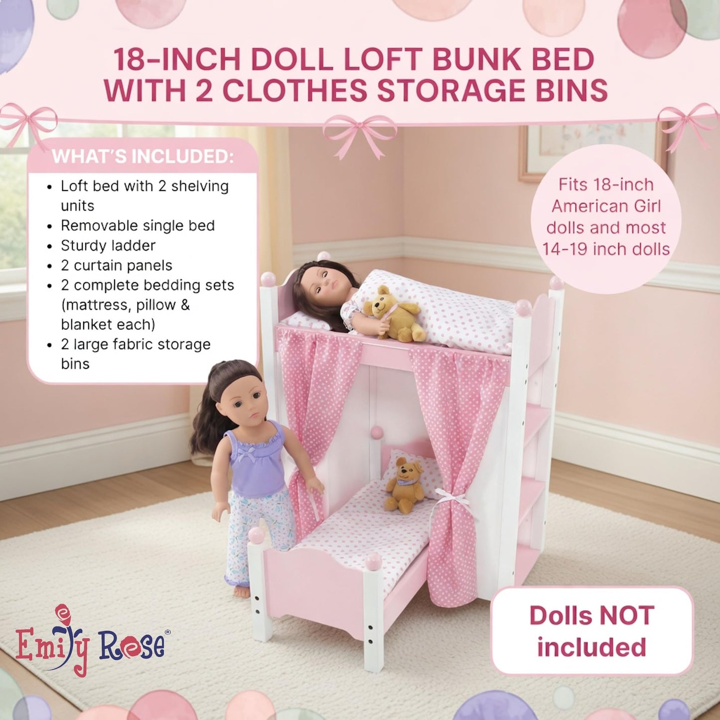 Emily Rose 18 Inch Doll Loft Bunk Bed Pink - Wooden Doll Bunkbed with Storage Shelves, Ladder, Removable Single Bed, 2 Polka Dot Bedding Sets & Curtains - Fits American Girl Dolls